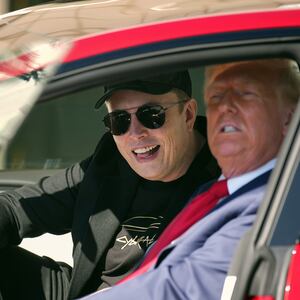 President Donald Trump and White House Senior Advisor, Tesla and SpaceX CEO Elon Musk sit in a Model S on the South Lawn of the White House on March 11, 2025 in Washington, DC.