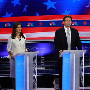 Republican presidential candidates (L-R) former U.N. Ambassador Nikki Haley, Florida Gov. Ron DeSantis and Vivek Ramaswamy participate in the NBC News Republican Presidential Primary Debate
