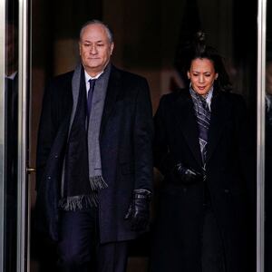 U.S. Vice President Kamala Harris and second gentleman Doug Emhoff exit the White House just before Donald Trump's inauguration ceremony.