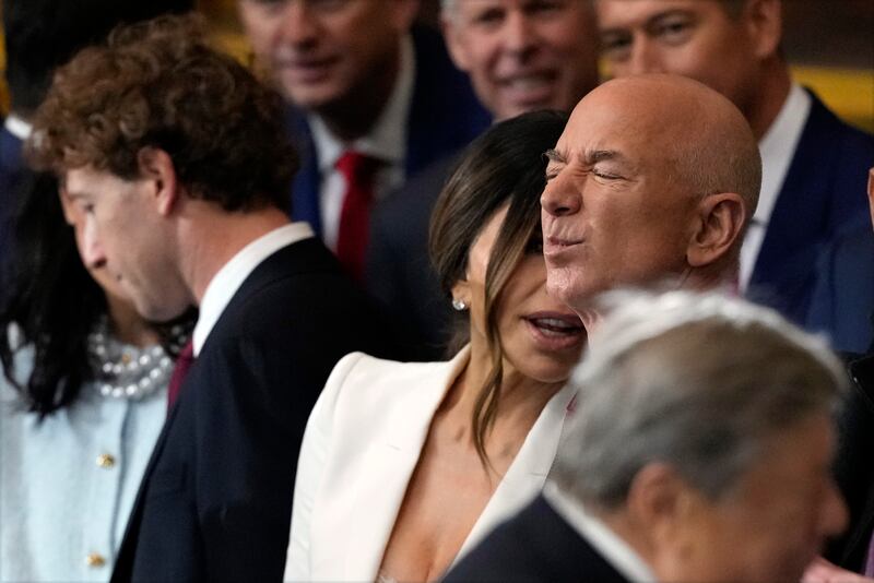 WASHINGTON, DC - JANUARY 20: Amazon founder Jeff Bezos and Lauren Sanchez attend the inauguration of President Donald Trump at the U.S. Capitol Rotunda on January 20, 2025 in Washington, DC. Donald Trump takes office for his second term as the 47th president of the United States. (Photo by Julia Demaree Nikhinson - Pool/Getty Images)