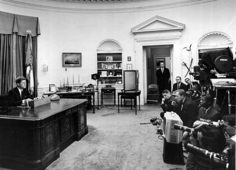 President John F. Kennedy speaking during a press conference in 1963 in the Oval Office—his nephew said th