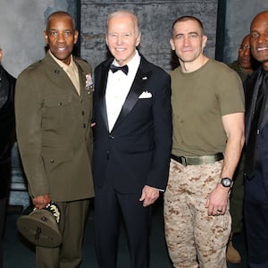 NEW YORK, NEW YORK - MARCH 23: (L-R) Dr. Jill Biden, Producer Brian Moreland, Denzel Washington, Former U.S. President Joe Biden, Jake Gyllenhaal, Kenny Leon pose backstage on opening night of "Othello" on Broadway at The Barrymore Theatre on March 23, 2025 in New York City. (Photo by Bruce Glikas/WireImage)