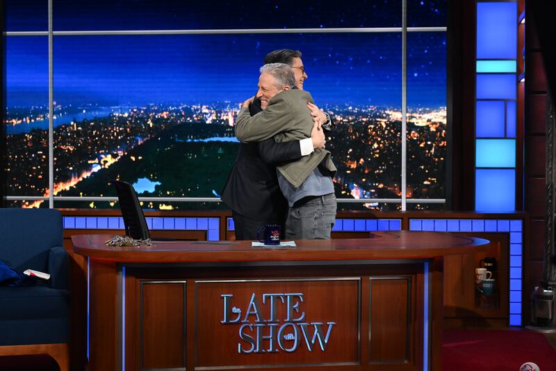 NEW YORK - FEBRUARY 12: The Late Show with Stephen Colbert and guest Jon Stewart during Sunday's February 11, 2024 show. (Photo by Scott Kowalchyk/CBS via Getty Images)