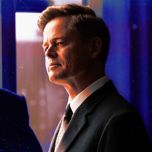 A photo illustration of Caspar Phillipson as JFK in Hammarskjöld.