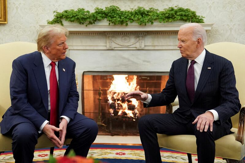 President Joe Biden meets with President-elect Donald Trump at the White House on November 13, 2024.