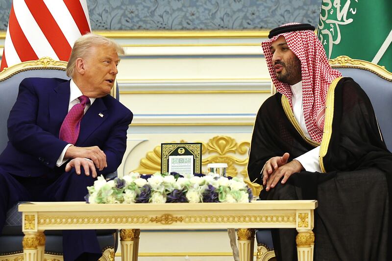 President Donald Trump meets with Saudi Crown Prince Mohammed bin Salman during a “coffee ceremony” at the Saudi Royal Court on May 13, 2025, in Riyadh, Saudi Arabia. Trump begins a multi-nation tour of the Gulf region focused on expanding economic ties and reinforcing security cooperation with key U.S. allies.