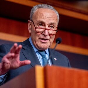 Senate Majority Leader Chuck Schumer (D-NY) speaks to members of the media on Capitol Hill on April 17, 2024 in Washington, DC.