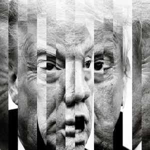 Photo illustration of slices of Donald Trump collaged to create a distorted face in black and white