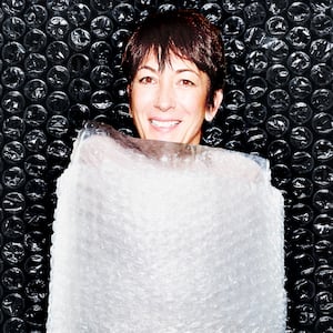 A photo illustration of Ghislaine Maxwell in bubble wrap.