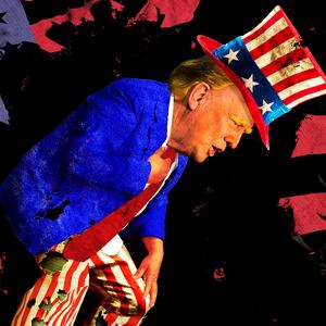 A photo illustration of President Donald Trump dressed up as an old Uncle Same and torn US flag background.