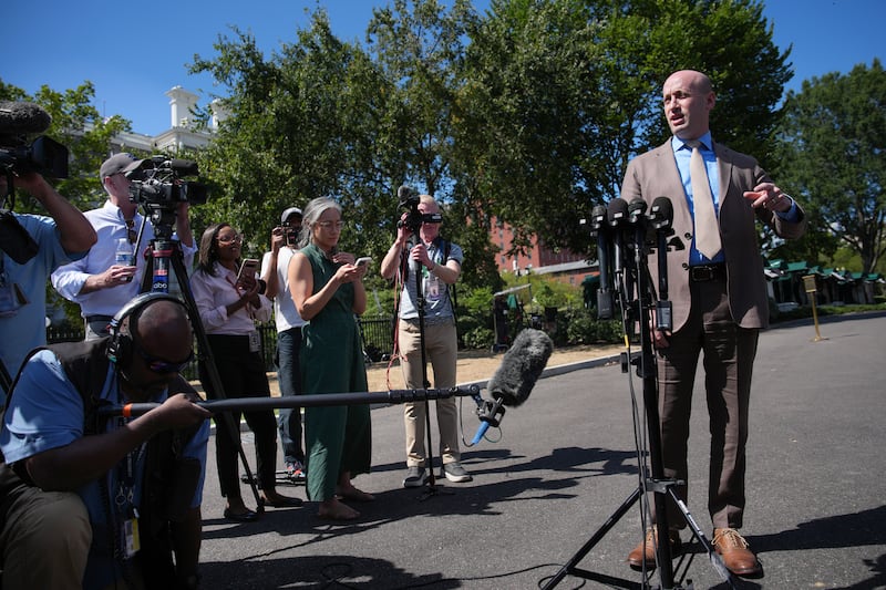 White House Deputy Chief Of Staff Stephen Miller speaks to members of the media outside the White House on August 29, 2025.