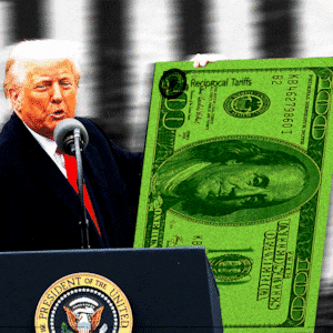 Donald Trump holding his reciprocal tariff poster replaced by a shrinking $100 bill