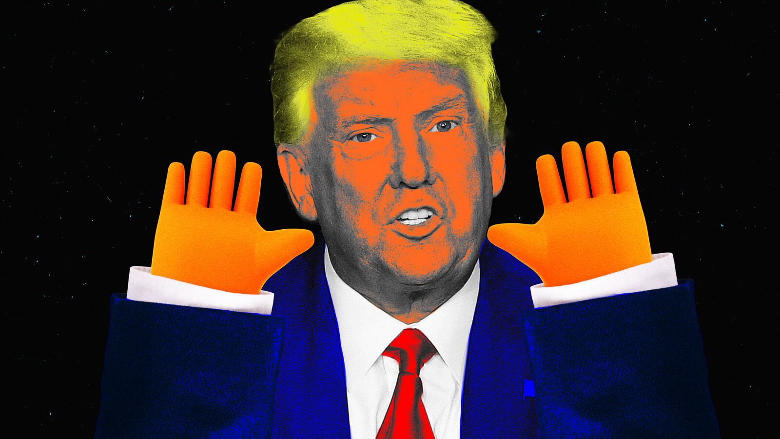 A photo illustration of Donald Trump holding up tiny hands.