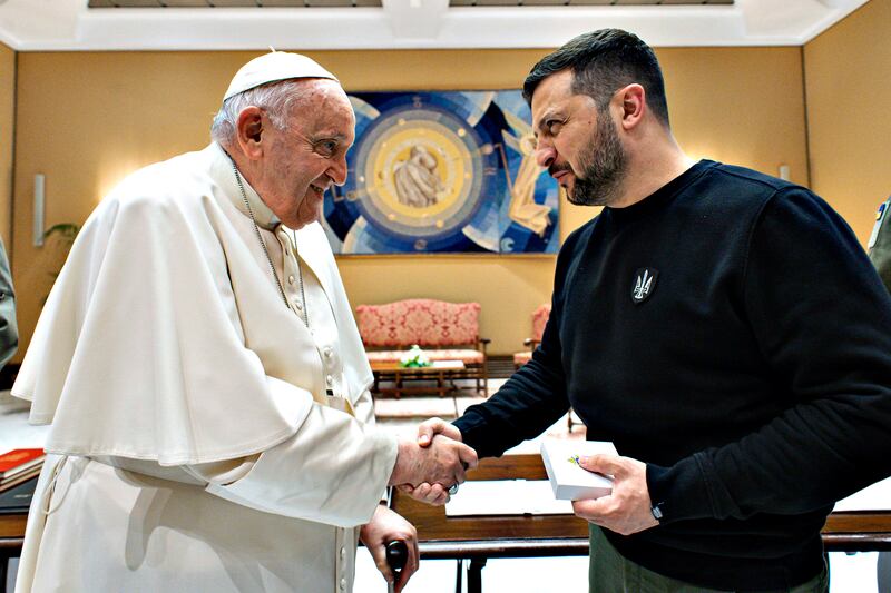 VATICAN CITY, VATICAN - MAY 13: Pope Francis meets with Ukrainian President Volodymyr Zelensky at the Studio of Paul VI Hall on May 13, 2023 in Vatican City, Vatican.