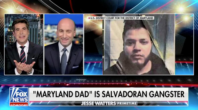 A split screen of Jesse Watters and Stephen laughing while discussing Kilmar Abrego Garcia's deportation, with a photo of Abrego Garcia on the far right.