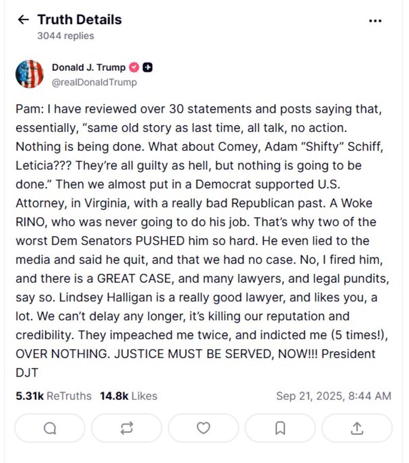 President Donald Trump calls on Attorney General Pam Bondi to prosecute his political enemies on Truth Social.