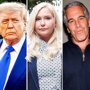 A photo composite of Donald Trump, Virginia Giuffre, and Jeffrey Epstein.