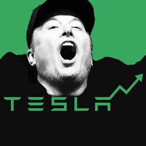 Elon Musk celebrating with the Tesla logo combined with an up arrow on a green background