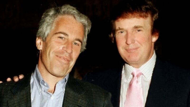 Portrait of American financier Jeffrey Epstein (left) and real estate developer Donald Trump as they pose together at the Mar-a-Lago estate, Palm Beach, Florida, 1997.(Photo by Davidoff Studios/Getty Images)
