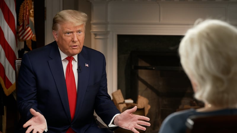 Still frames from the 60 MINUTES hour on Sunday Oct. 25, 2020 with the presidential candidates that in Nielsen Fast National ratings drew the most viewers to the CBS News magazine since March 25, 2020. The traditional pre-election edition of 60 MINUTES caused headlines before its broadcast when President Trump broke an agreement with 60 MINUTES and released the video of his interview Thursday on Facebook. Pictured: President Donald Trump during his interview with 60 Minutes correspondent Lesley Stahl