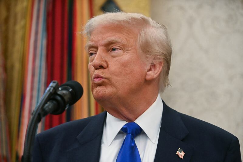 President Donald Trump speaks during an event in the Oval Office of the White House in Washington, DC, on May 5, 2025.