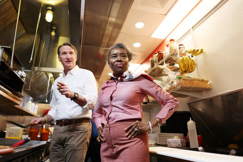 Republican gubernatorial candidate Winsome Earle-Sears make pancakes during a campaign stop at Shorty’s Diner alongside Virginia Governor Glenn Youngkin on November 03, 2025 in Richmond, Virginia.