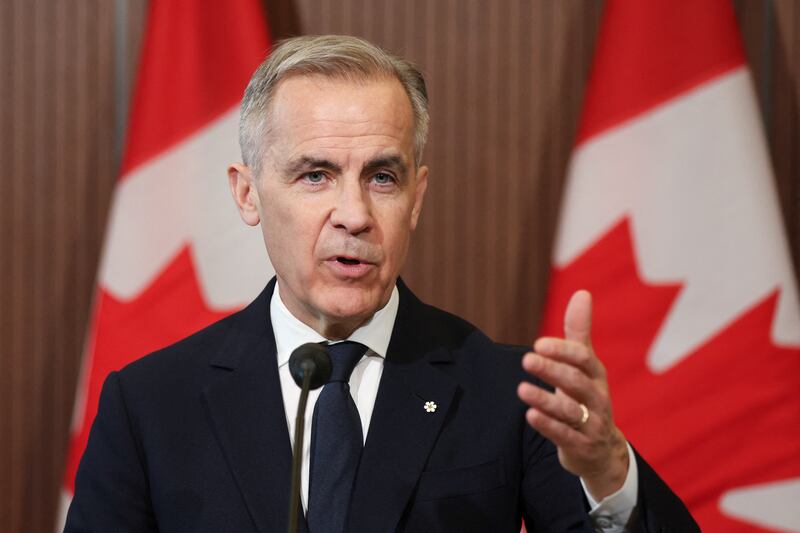 Mark Carney speaks at a news conference about the US tariffs on Parliament Hill in Ottawa on April 3, 2025.