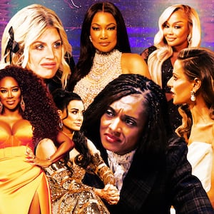 A photo illustration of Danielle Reyes, Dorit Kemsley, Kyle Richards, Kenya Moore, and Carolyn Wiger.