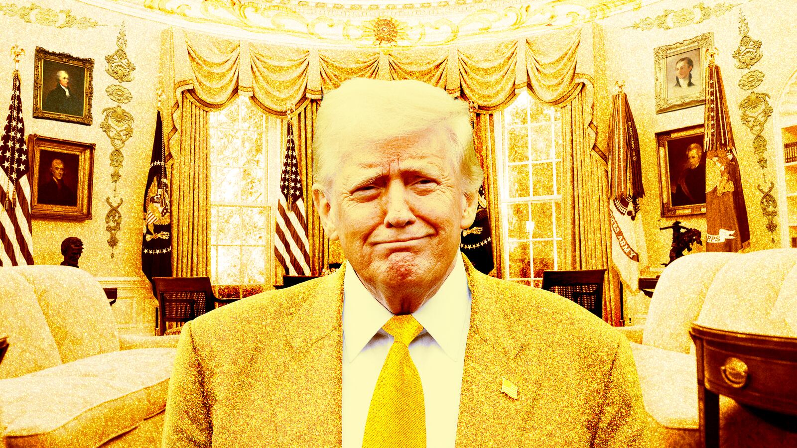 A photo illustration of President Donald Trump in a golden outfit and golden Oval Office at the White House.