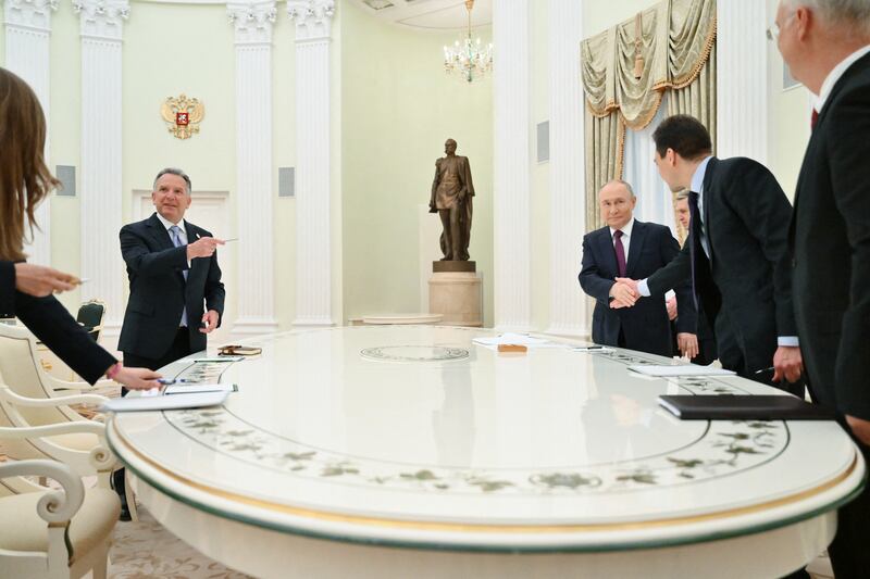 Russia's President Vladimir Putin and US Special Envoy Steve Witkoff arrive for their talks in Moscow on April 25, 2025.