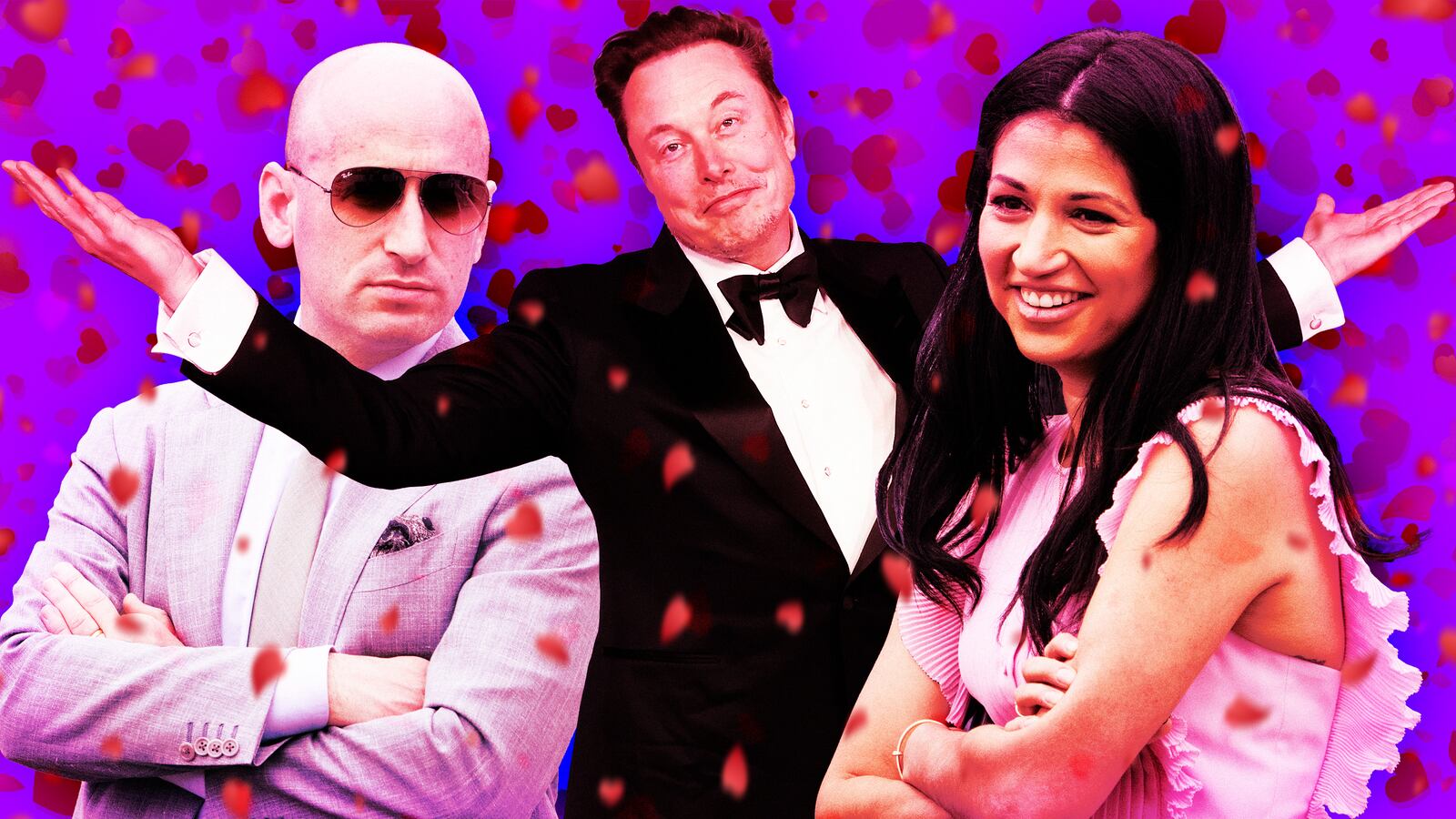 A photo illustration of Stephen Miller, Elon Musk, and Katie Miller with flower petals and hearts floating around them.