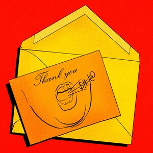 Illustration of a thank you note in yellow and orange with Donald Trump's cursing face drawn on it