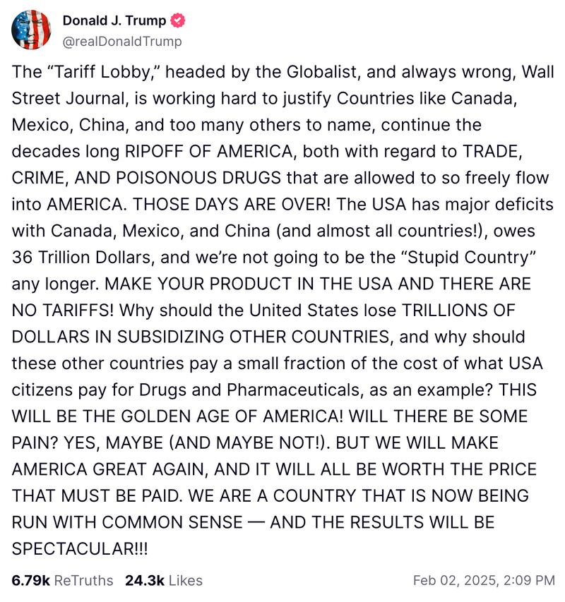 A post by President Donald Trump on Truth Social.
