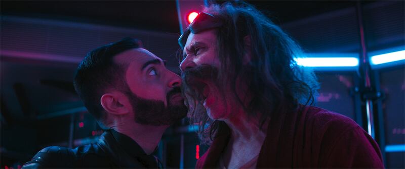 Lee Majdoub as Agent Stone and Jim Carrey as Ivo Robotnik in Sonic the Hedgehog 3.