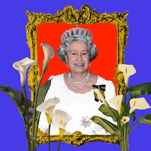 Photo illustration of Queen Elizabeth II in a gilded frame with calla lilies around her.