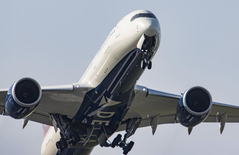 Delta Air Lines Airbus A330neo or A330-900 aircraft with neo engine option of the European plane manufacturer, as seen departing from Amsterdam Schiphol AMS EHAM International airport. The modern and advanced wide body airplane has the registration N512D, is powered by 2xRR jet engines and was delivered to Delta Airlines in September 2020. Delta is a legacy US carrier with headquarters and a hub in Atlanta Georgia and connects America to the Dutch capital on a daily basis. Delta DL DAL is the second largest airline in the world and member of SkyTeam airline aviation alliance. The world aviation passenger traffic numbers declined due to the travel restrictions, safety measures such as lockdowns, quarantine etc during the era of the Covid-19 Coronavirus pandemic that hit hard the aviation and travel industry. Amsterdam, Netherlands on April 28, 2021 (Photo by Nicolas Economou/NurPhoto via Getty Images)