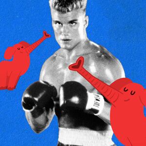 A photo illustration of Dolph Lundgren as Drago in Rocky IV surrounded by red elephants