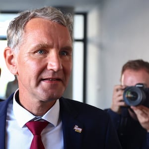 Alternative fur Deutschland (AfD) politician Bjorn Hocke reacts to exit poll results from the Thuringia state elections on September 1, 2024.