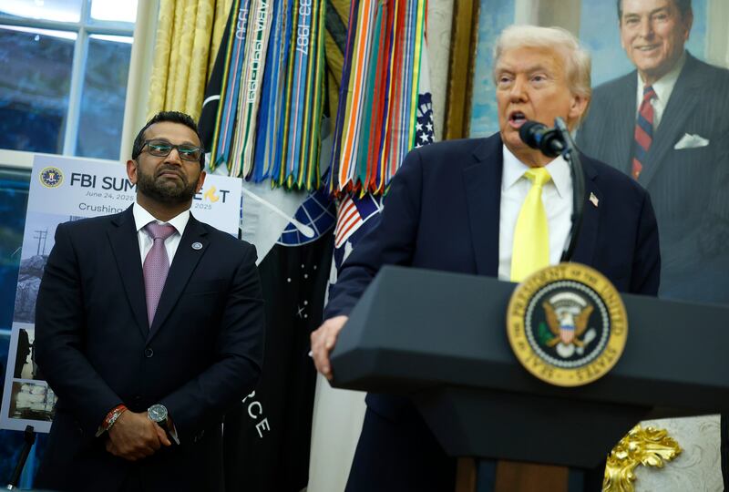 President Donald Trump speaks alongside Federal Bureau of Investigation Director Kash Patel