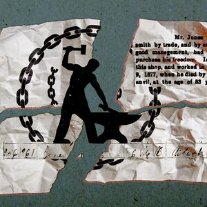 A photo illustration of a blacksmith surrounded by chains.