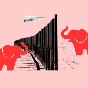 A photo illustration of two red elephants tossing a paper airplane back and forth over the border wall