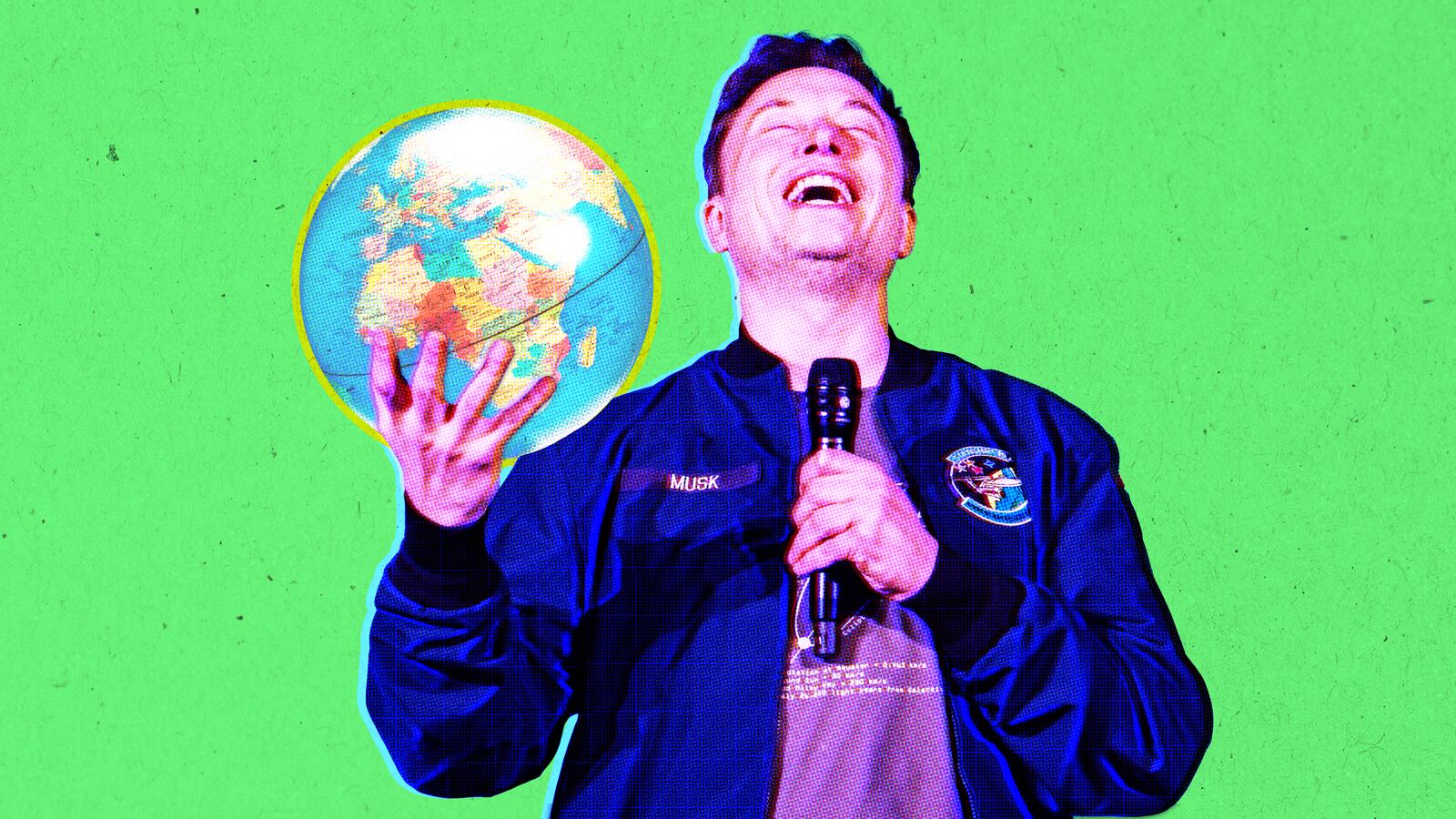 A photo illustration of Elon Musk holding the Earth.