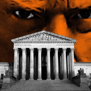Photo illustration of Donald Trump's mugshot behind the United States Supreme Court building