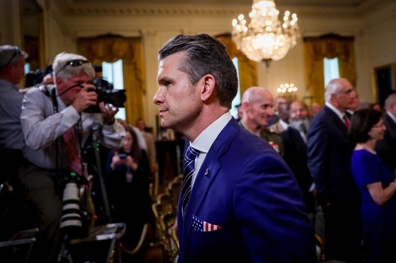 Secretary of Defense Pete Hegseth departs a presentation ceremony for the Commander-in-Chief Trophy to the Navy Midshipmen football team in the East Room of the White House April 15, 2025 in Washington, DC.
