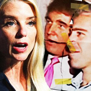 Pam Bondi with a picture of Donald Trump and Jeffrey Epstein behind her