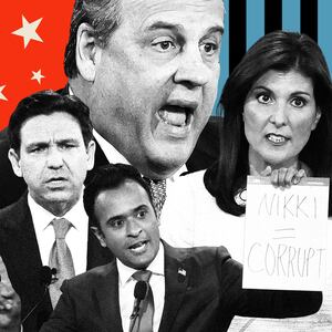 Photo illustration of Nikki Haley, Vivek Ramaswamy, Chris Christie, and Ron DeSantis