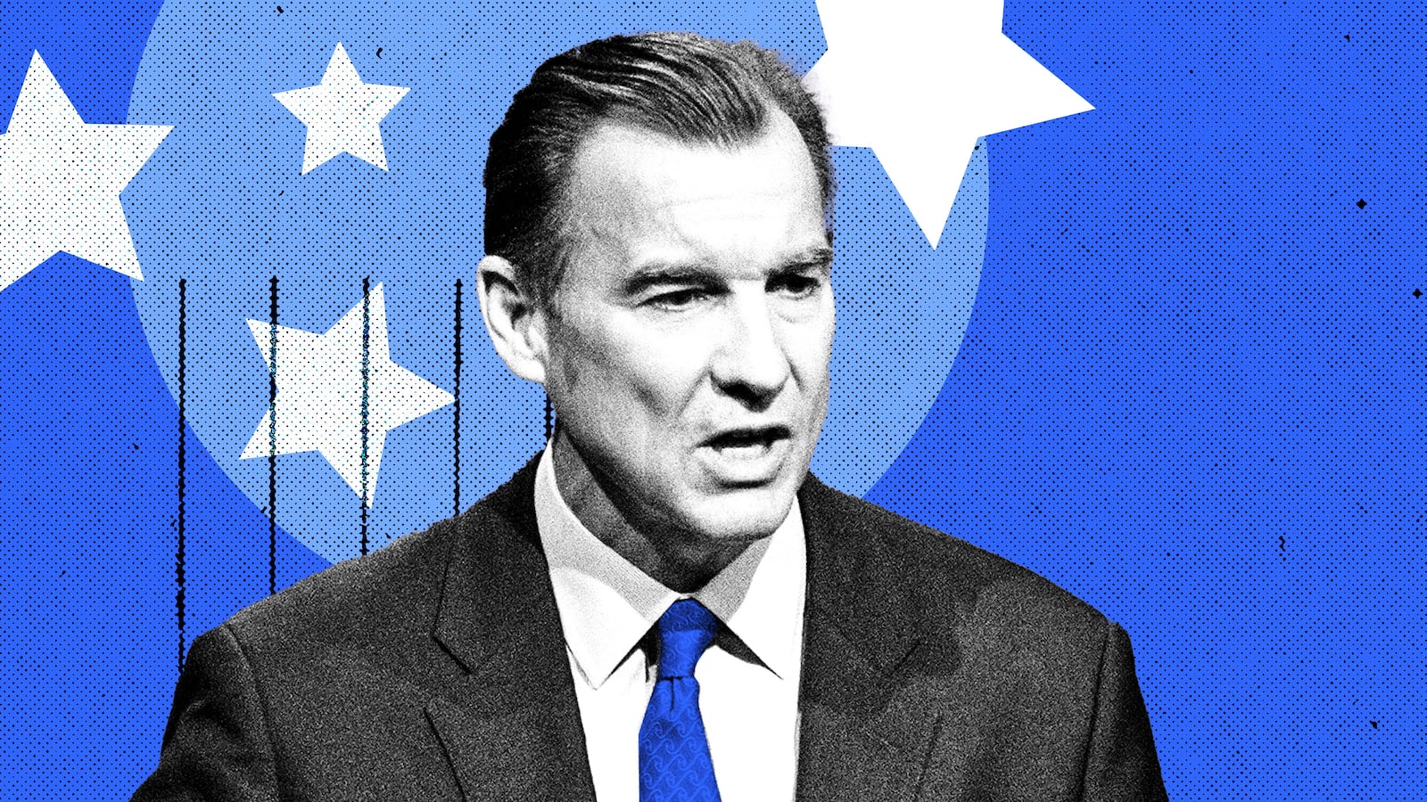 A photo illustration of Tom Suozzi