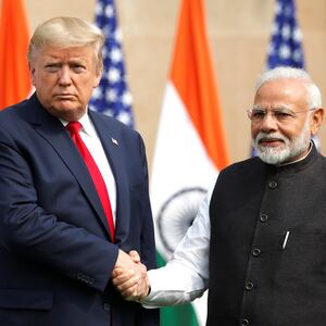 U.S. President Donald Trump shakes hands with Indian Prime Minister Narendra Modi at Hyderabad House in New Delhi, India, February 25, 2020.