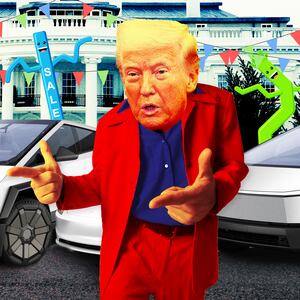 A photo illustration of President Donald Trump looking like a used car salesman in front of the White House with Tesla cars.