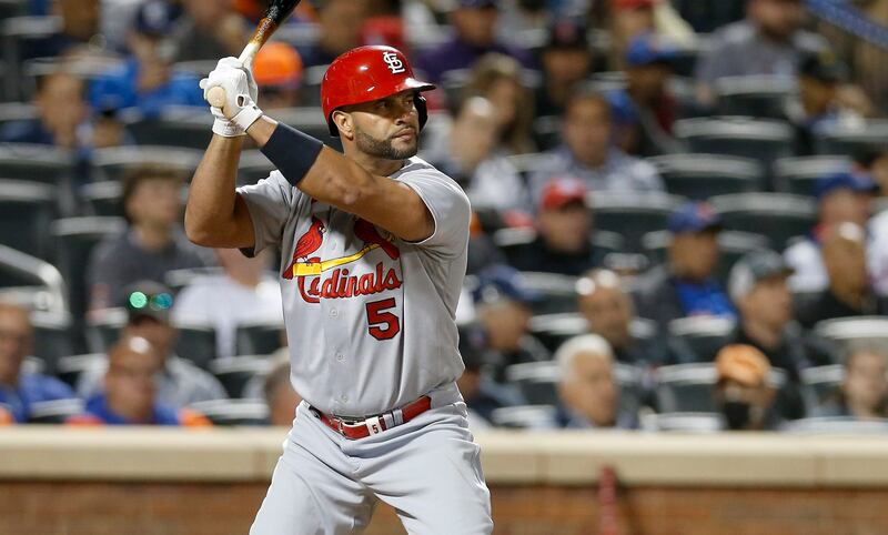 Albert Pujols of the St. Louis Cardinals in action against the New York Mets at Citi Field in New York City on May 18, 2022.